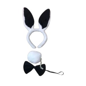 14183 סט ארנב שחור לבן 3 חלקים כולל קשת פפיון וזנב על כארד/ 6 יחידות במארז