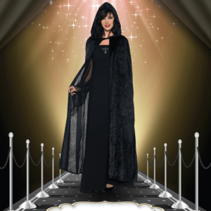 13783 גלימה קטיפה שחורה עם כובע 120 ס"מ בשקית PVC עם כארד