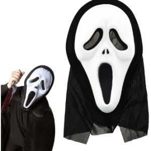 7421 מסכה צעקה לבנה עם כיסוי ראש שחור בשקית PVC עם כארד