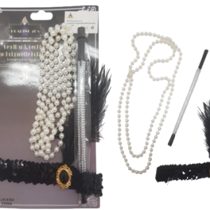 סט שנות ה 20 כולל סרט נוצה צרלסטון מחרוזת פנינים ומחזיק סיגריה על כארד