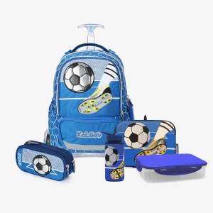 סט טרולי כחול Schoolbag Soccer Game כולל קלמר, קופסת אוכל ובקבוק שתייה – מבית קל גב