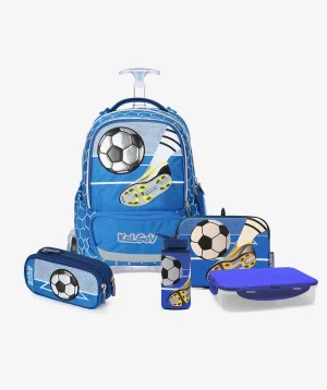 סט טרולי כחול Schoolbag Soccer Game כולל קלמר, קופסת אוכל ובקבוק שתייה – מבית קל גב