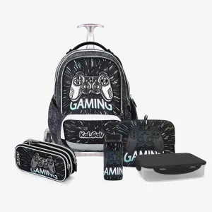 סט טרולי שחור Schoolbag Gamer כולל קלמר, קופסת אוכל ובקבוק שתייה – מבית קל גב