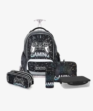 סט טרולי שחור Schoolbag Gamer כולל קלמר, קופסת אוכל ובקבוק שתייה – מבית קל גב