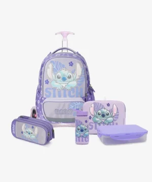 סט טרולי לילך Schoolbag Stitch כולל קלמר, קופסת אוכל ובקבוק שתייה – מבית קל גב