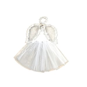 סט כנפיים מלאכית לבן כולל חצאית 40 ס"מ וקשת בשקית PVC עם כארד