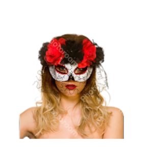 מסכה חצי פנים יום המתים עם הינומה ופרחים בשקית PVC עם כארד