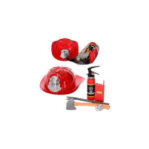 סט לכבאי כולל כובע, מטף כיבוי, מכשיר קשר, גרזן, תג ולום ברשת