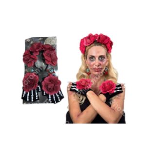 מארז סט שלד מקסיקני יום המתים כולל קשת עגילים וכפפות על כארד