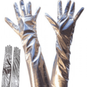 זוג כפפות ארוכות 38 ס"מ חלקות כסף לייקרה בשקית PVC עם כארד