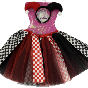 סט ליצן כולל חצאית שחור אדום משבצות 40 ס"מ וקשת על כארד