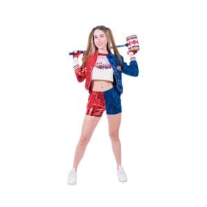 תחפושת הארלי קווין אדום כחול שושי זוהר