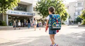 ילדה עם ילקוט בית ספר צבעוני בדרך לבית הספר