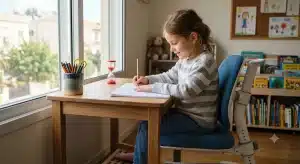 ילד יושב בפינת למידה ביתית ומכין שיעורי בית ליד החלון, עם כוס עפרונות ושעון חול