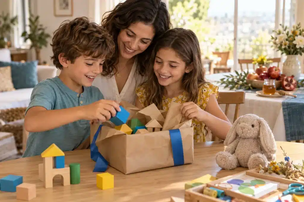 ילדים ואמא פותחים מתנת קוביות עץ לראש השנה לצד בובת ארנב