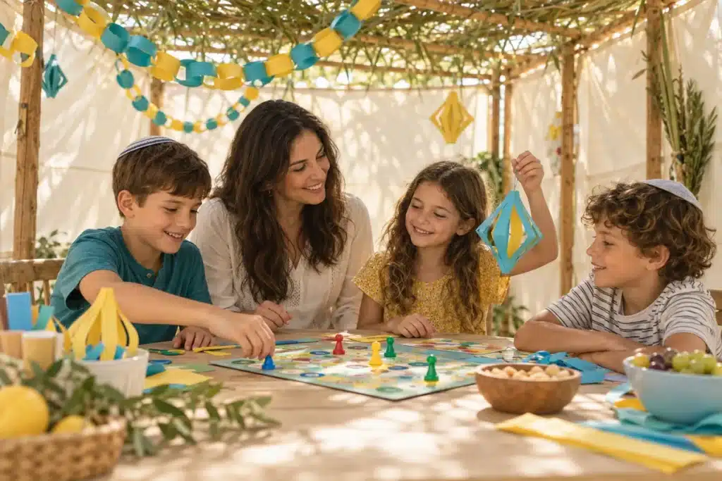 ילדים ואמא משחקים במשחק קופסה ומכינים קישוטי נייר בסוכה