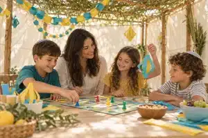 ילדים ואמא משחקים במשחק קופסה ומכינים קישוטי נייר בסוכה