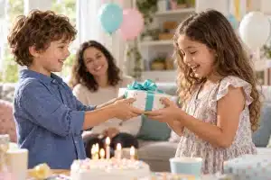 ילד מעניק לחברתו מתנת יום הולדת עטופה בסרט טורקיז