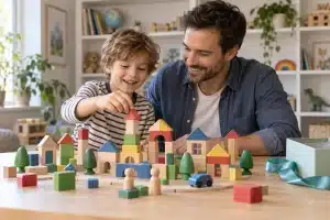 אב וילד בונים יחד עיר מקוביות עץ צבעוניות לצד קופסת מתנה פתוחה